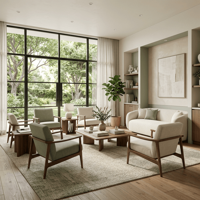 Calm therapy room seating area with plants